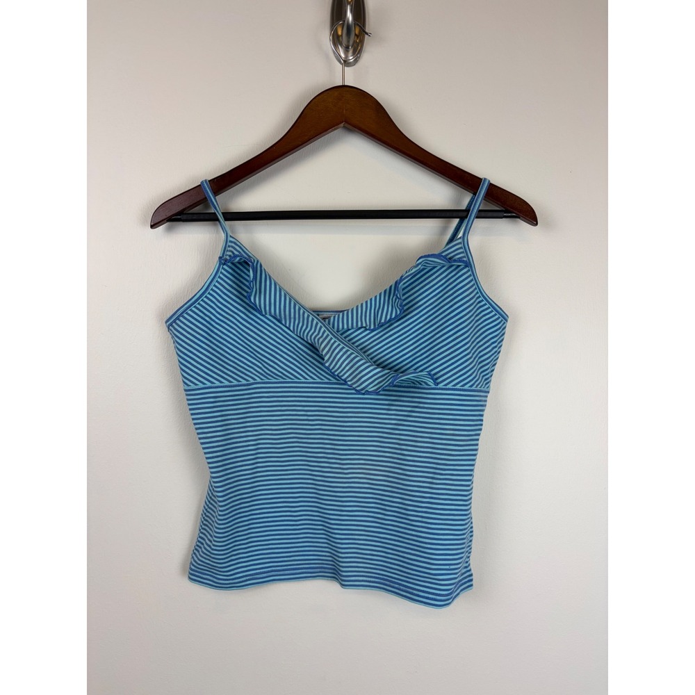 Energie Cami Tank Top XL Blue Striped Y2K Ruffle Surplice V-Neck Stretch Preppy